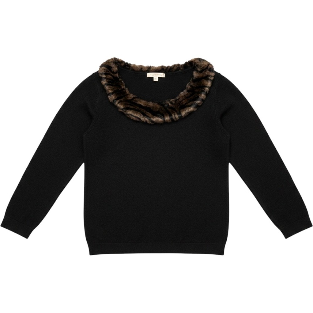 Vintage Sweater Black Faux Fur Trim Sweater Luxelon Animal Print Neck Medium